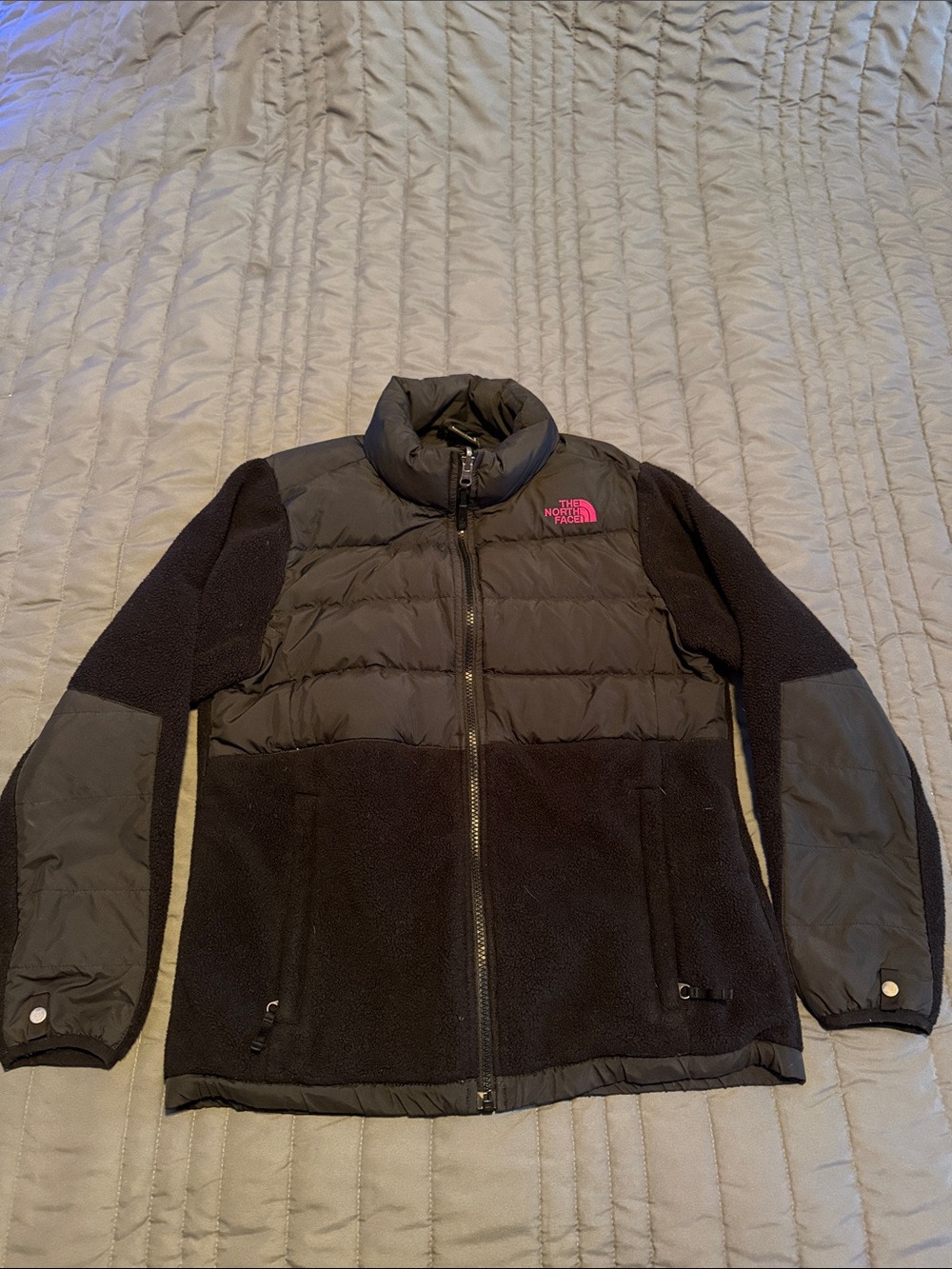The North Face Black and Dark Gray Hybrid Jacket with Pink Logo